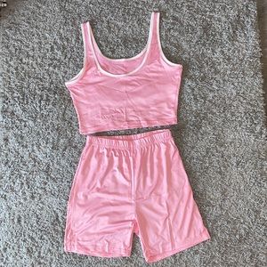 PINK  2 piece  ,crop top w a white outline , biker shorts,